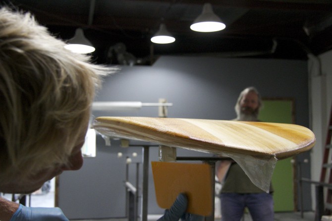 Pat is hard at work as Rich Pavel (Greenroom Surfboards) watches. Glassing is an art form in itself and I’ve personally found it more humbling than shaping.