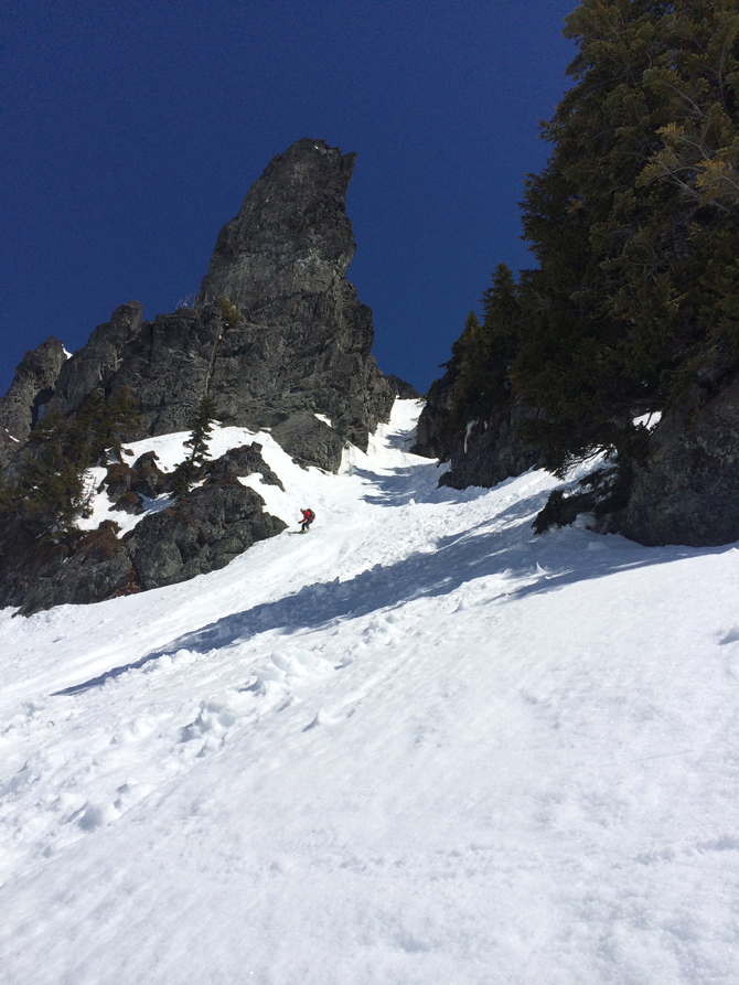 Frozen wet loose avalanche debris makes for tough navigation down this couloir on Chikamin Peak, Washington. Photo: Ian Bolliger