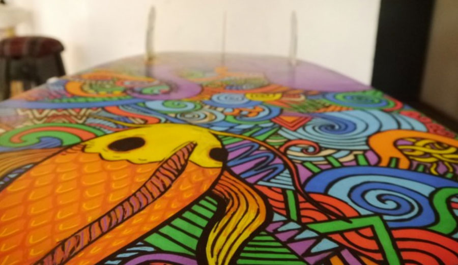 Surfboard are a blank canvas of endless opportunities. Uni-Posca paint markers.