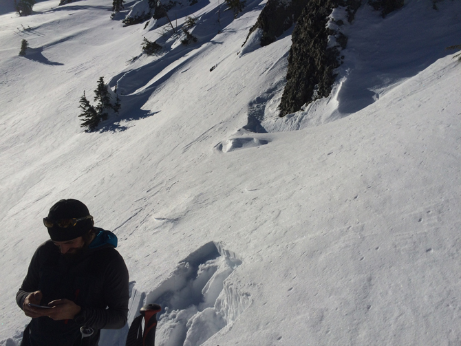 An ECT reveals a 10 centimeter wind slab on top of near-surface facets that collapsed easily with significant propagation — a poor sign for this slope we were hoping to ski. Photo: Courtesy of Ian Bolliger