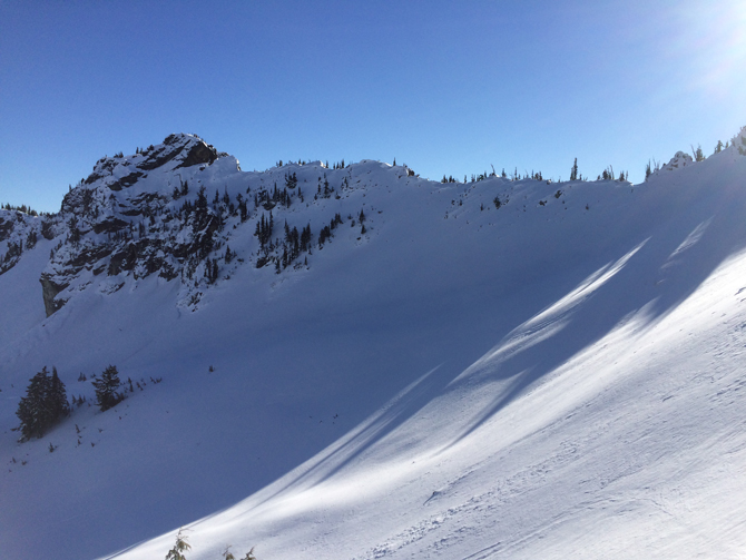 Wind slab covers this pristine looking cirque in Crystal Mountain’s backcountry. Photo: Courtesy of Ian Bolliger