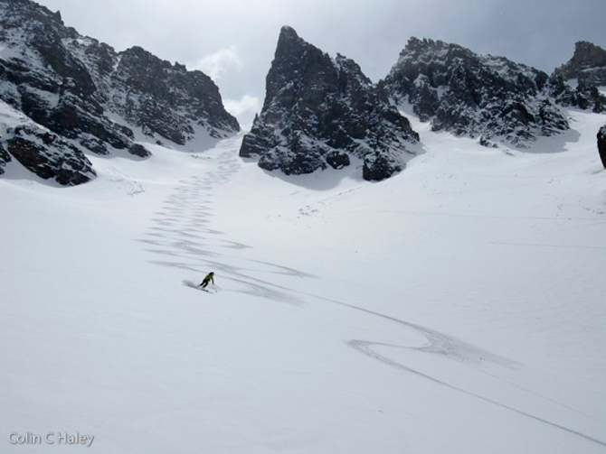 Dust on crust is often hard to visually distinguish from regular powder, yet shallow arcs left by a skier are one sign. On the other hand, the harsh scraping sound is usually a pretty hard-to-miss auditory sign… Photo: Colin Haley