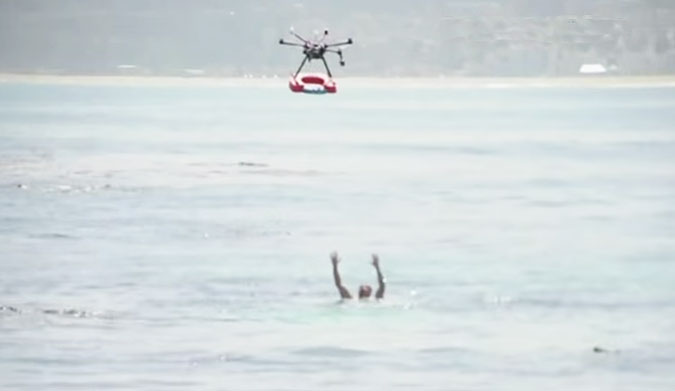 The drones are fitted with a float, camera, microphones, and a speaker, so that a lifeguard can drop the float, see what happens, and yell at the swimmer to hold on to it from the beach, instead of right in their face.