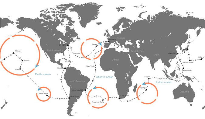 The path of their 300 day trip around the world.
