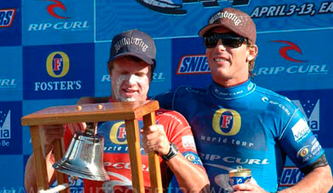 Andy Irons vsThe elated Taj Burrow and runner-up, Andy Irons, celebrating a hard-earned spot on the winner's podium at the 2007 Rip Curl Pro Bells Beach. Photo: WSL. Taj Burrow, Bells Beach Final 2007