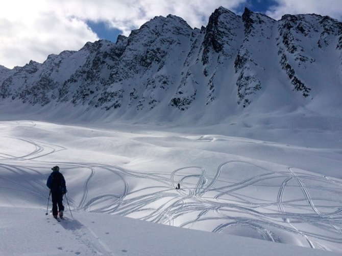 On our second day we skied “Cat Ears”. It’s the chute third from right, with the cat ear-looking rocks at the top. Photo: Ian Bolliger