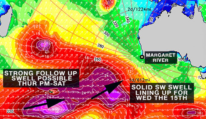 Those lovely purple blobs are headed straight for Margie's. Photo: Surfline