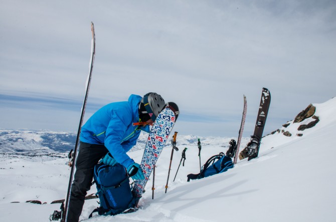Patagonia’s Corey Simpson loads his pack up with his skis for the bootpacked ridgeline. Photo: John Robison IV