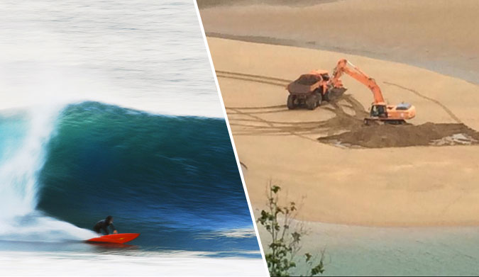 Mundaka on a classic day in 2011. Work on the sand removal began recently, and will almost certainly have a major affect on the wave.