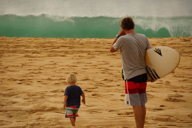 LUEX's CEO and his son Moritz checking out the surf.