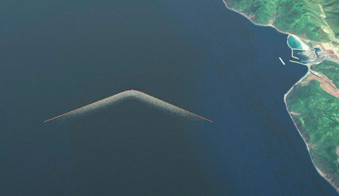 A bird's eye view of what the 100km technology may eventually look like. Photo: The Ocean Cleanup