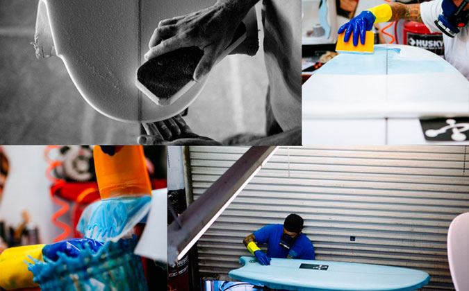 A little color and a whole lot of shaping in the Chemistry Surfboards factory.