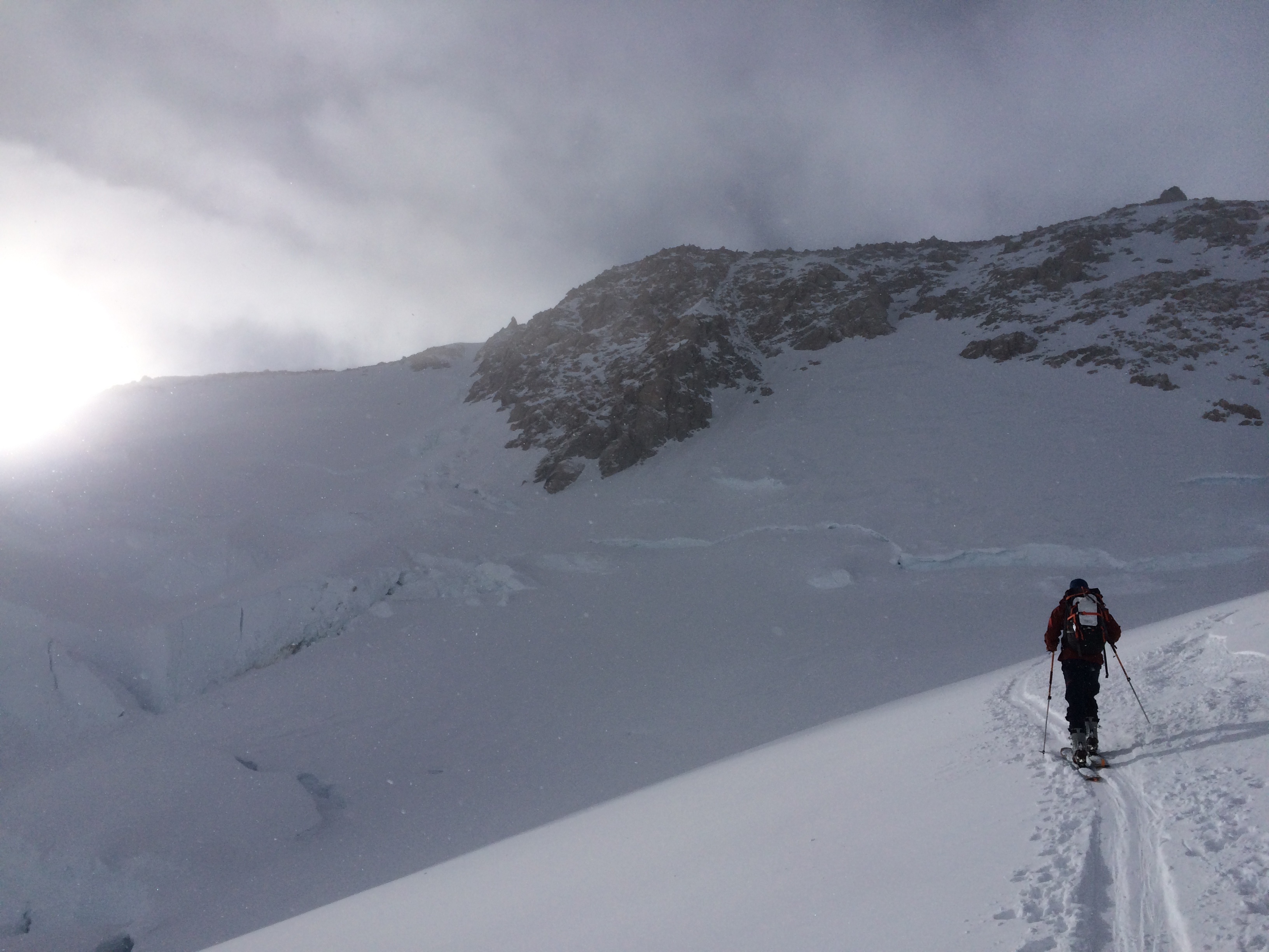 Peter skinning up the headwall above 14k camp and below the fixed lines.