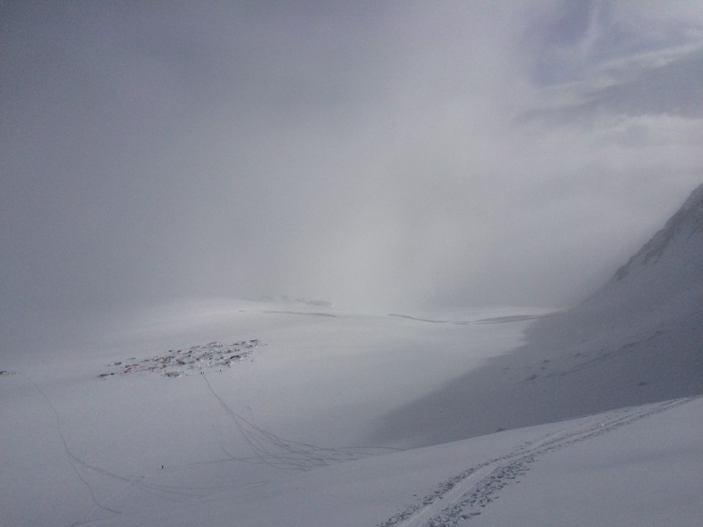 Thick clouds like this one, here seen from the base of the fixed lines above 14 camp, frequently made travel on the upper mountain difficult to impossible during our expedition. Photo: Ian Bolliger