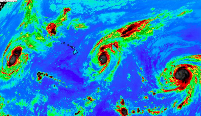 Now there's something you don't see every day. Kilo (left), Ignacio (center) and Jimena (right). Photo: NASA