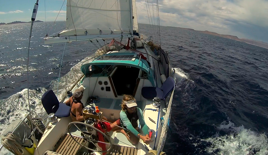 Energy and Research Group graduate student Jess Reilly and partner Josh Moman aboard their research sailboat, Oleada. Photo: Courtesy of Jess Reilly