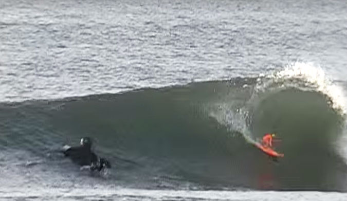This little goofy-footer absolutely rips, much to the chagrin of the dude in the strap-on hood. How's that floater at 1:04?!