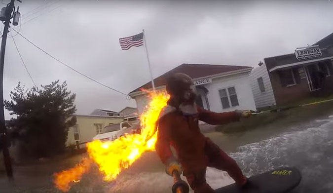 The fellas over at Nub TV took advantage of Hurricane Joaquin's flooding to get dragged behind a truck with a flaming cape... and it makes complete sense.