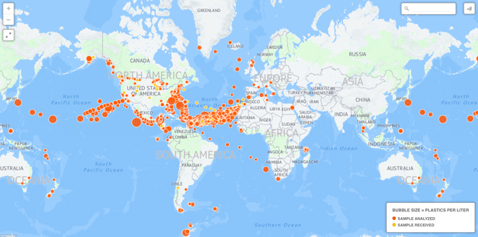 This map shows the location of water samples collected as part of ASC’s microplastics research. The size of the circle indicates the concentration of microplastics found in the sample. Image: adventurescience.org