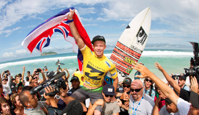 John John raises the Hawaiian flag in Rio. Even though it's technically part of the United States, in surfing Hawaii has almost always been recognized distinctly. Photo: WSL