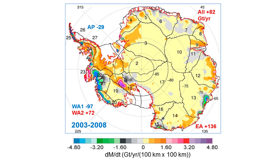 Map showing the rates of mass changes from ICES at 2003-2008 over Antarctica. Image: Jay Zwally/ Journal of Glaciology