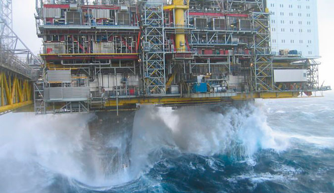 An oil rig in the North Sea, dealing with average waves. The wave that struck the Innovator Rig was much bigger.