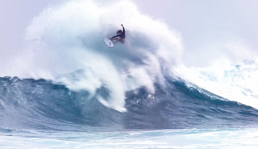 the part that really steals the show is Dylan Graves boosting off a weird, warping chunk of water that barely resembles a wave.