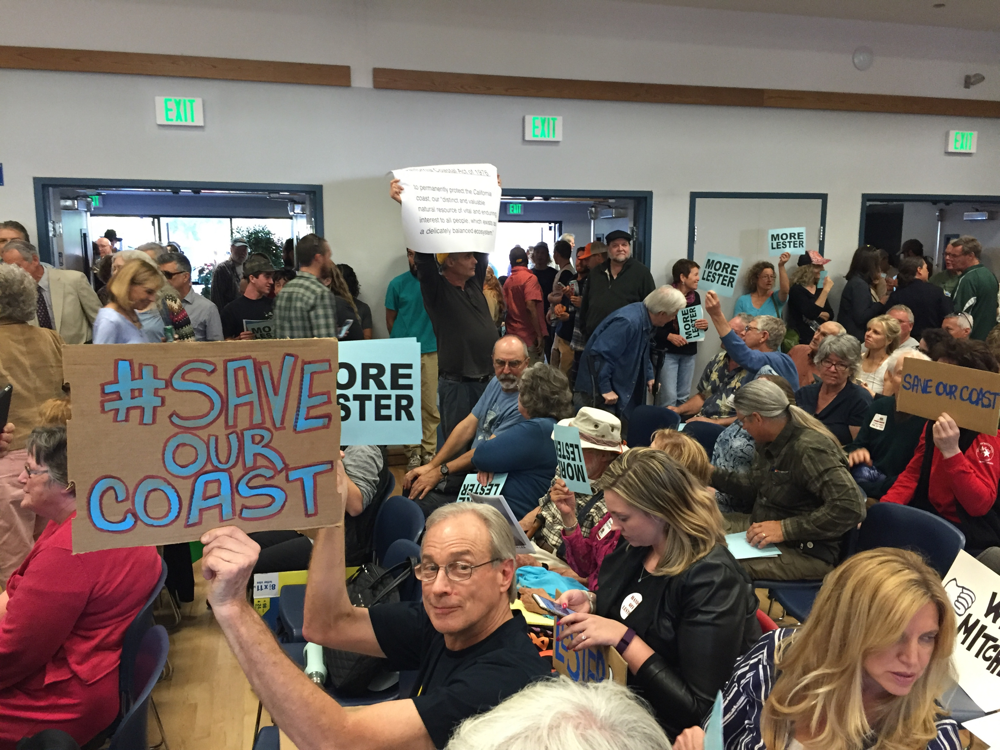 The #SaveOurCoast scene inside the February Coastal Commission hearing at which Dr. Lester was fired.