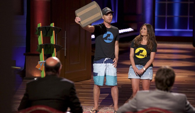 SHARK TANK - "Episode 710" - A man from Los Angeles has an innovative way to check your pet's health instantly with your phone, but an old-fashioned way to capture the specimen; an engaged couple from Monarch Beach, California have a lot riding on making a deal for their hand-held surfing boards; two men from Encinitas, California provide female consumers a stylish way to listen to music on fashionable headphones; and an entrepreneur from Mountain View, California has an idea that makes the most of the unused space on the backside of your cell phone. Also, Barbara Corcoran invites several entrepreneurs from businesses she's invested in to Cabo San Lucas to discuss topics ranging from opening up an online business to dealing with the "overnight" success of being on the show, FRIDAY, APRIL 15 (9:00-10:01 p.m. EDT) on the ABC Television Network. (ABC/Tyler Golden) STEVE WATTS, ANGELA FERENDO (SLYDE HANDBOARDS)