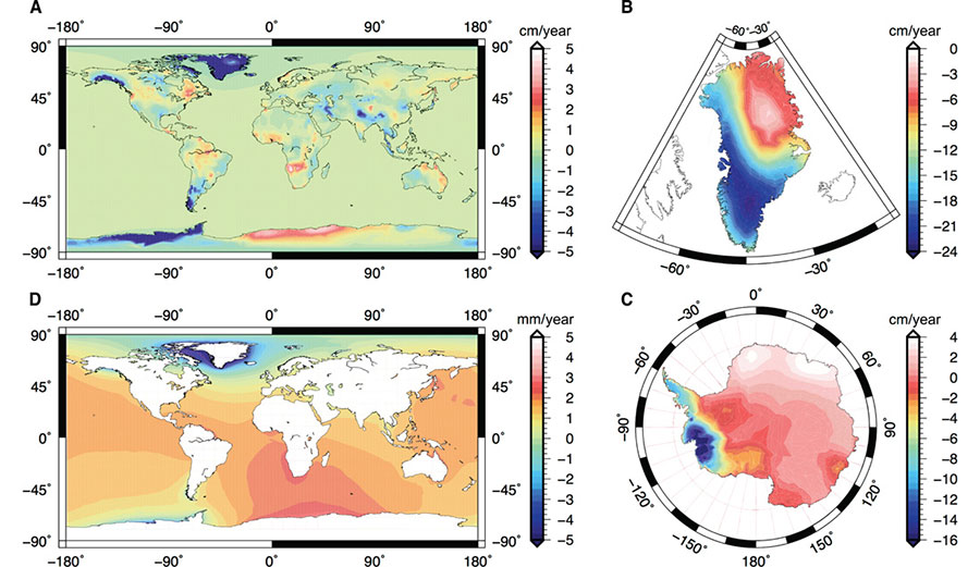Fig. 2 Climate-induced mass redistribution on Earth’s surface. (A) Linear rate of change in mass (in WEH per year) during April 2002 to March 2015, derived from monthly GRACE observations and associated sea-level computations. Solutions are reproduced with different color scales for (B) the GIS, (C) the AIS, and (D) the oceans.