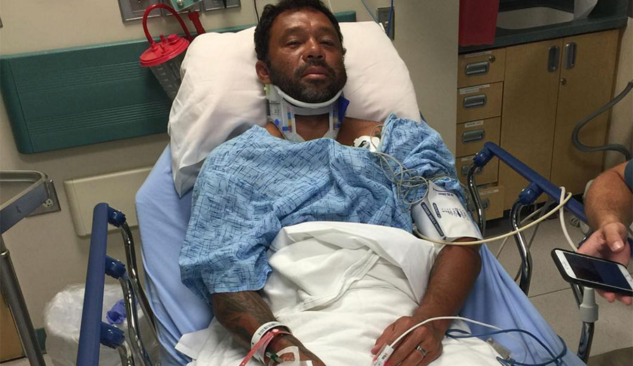 Although Sunny is pictured in a neck brace and with an IV, initial reports are that it wasn't a serious accident, and he will make a full recovery.
