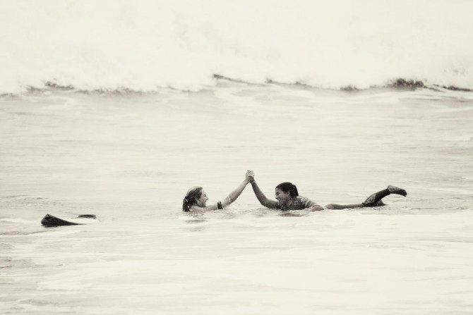 Nikki Van Dijk congratulates Silvana Lima on her win. If the men's success in Brazil is any indicator, there is more of this to come for the future of Brazilian women's surfing. Photo: WSL