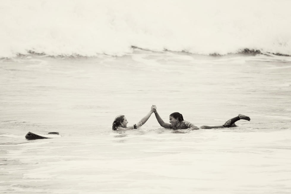 Nikki Van Dijk congratulates Silvana Lima on her win. If the men's success in Brazil is any indicator, there is more of this to come for the future of Brazilian women's surfing. Photo: WSL