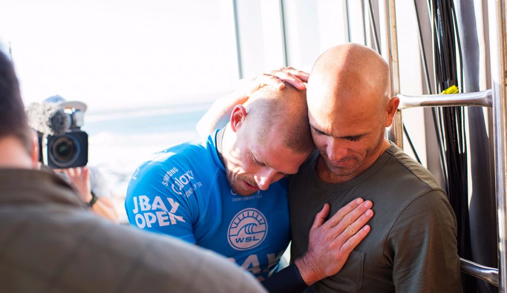 Mick Fanning and Kelly Slater after the shark attack heard 'round the world almost one year ago. Mick has just announced that he'll be competing at J-Bay this year.