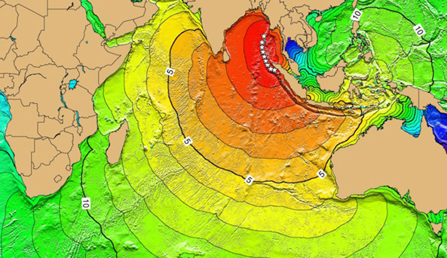 NOAA's tsunami map for the 2004 Indian Ocean tsunami. The map calculates the first-arrival travel times of the tsunami, following their generation at the earthquake epicenter. Image: Wikimedia Commons