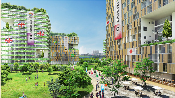 A computer-generated image of the 17,000-bedroom Olympic Village, to be built on Harumi island in Tokyo Bay.