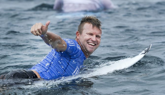 Taj Burrow just surfed his last World Tour heat after narrowly losing to John John Florence at the Fiji Pro. It may not have been the storybook ending to his professional surfing career, but he, as usual, was grinning ear to ear. Photo: WSL / Kelly Cestari