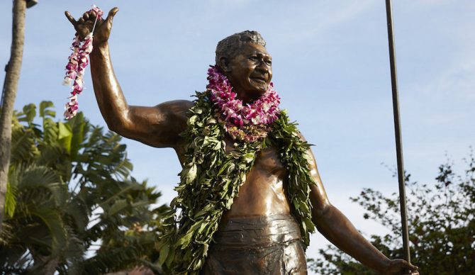 The shaka was born in Hawaii. At the Polynesian Cultural Center in Oahu, the statue of Hamana Kalili commemorates the man's life and contribution of the shaka to the world. But is using it as non-Hawaiian surfers a form of cultural appropriation? Photo: Polynesian Cultural Center