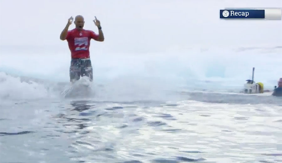 Kelly Slater, celebrating his second perfect ten in one heat.