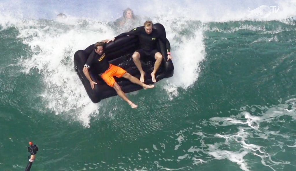 In the newest episode of Who is JOB, Poopies tries to learn board transfers at Waimea before getting back to the trusty waterskis. And because it's Who is JOB, they try to surf a couch.