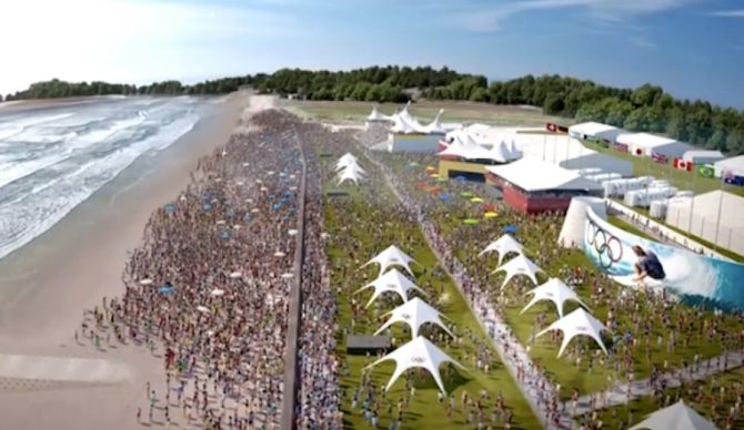 Surfing will take place on the beach with music and sponsor showcases. This rendering shows what the scene at Tokyo might look like.