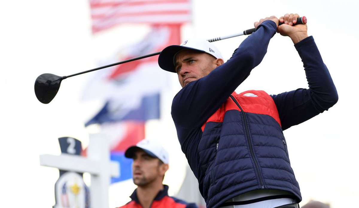 Sep 27, 2016; Chaska, MN, USA; Pro surfer Kelly Slater plays his shot from the first tee in the celebrity tournament during a practice for the 41st Ryder Cup at Hazeltine National Golf Club. Mandatory Credit: Michael Madrid-USA TODAY Sports