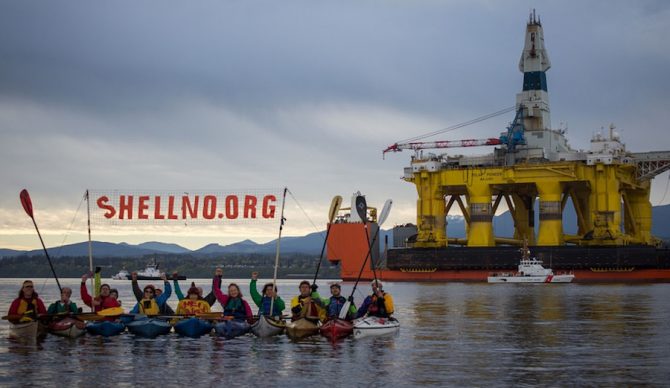 Activists from the sHELLNO campaign protest Shell and drilling in the Arctic in Port Angeles, Washington. President Obama announced Tuesday a move to protect large swaths of the Arctic and the Atlantic seaboard from offshore drilling. Photo: Flickr/Backbone Campaign
