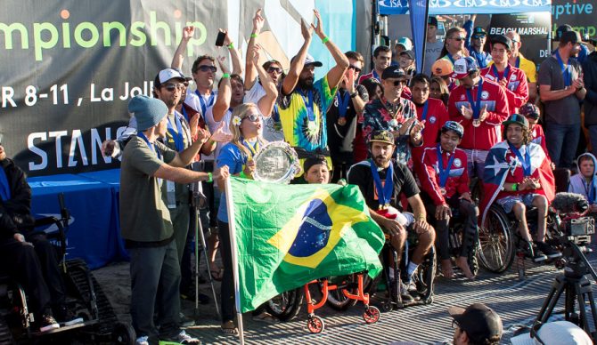 Team Brazil receiving their Gold medals during the Closing Ceremony of the 2016 Stance ISA WASC. Photo: ISA/Chris Grant