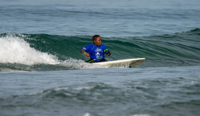 11-year-old Freddy Marimon from Colombia surfing in Heat 3 of the AS-5 Assist Division. Photo: ISA/Sean Evans