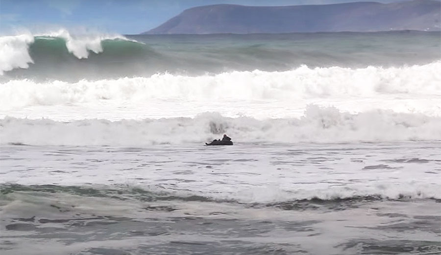 After donning a lifejacket, pulling on a pair of fins, tethering himself to the tube, and strapping a GoPro to his chest Jones paddled out, got smashed around for a while, and then quickly got stuck in the rip.