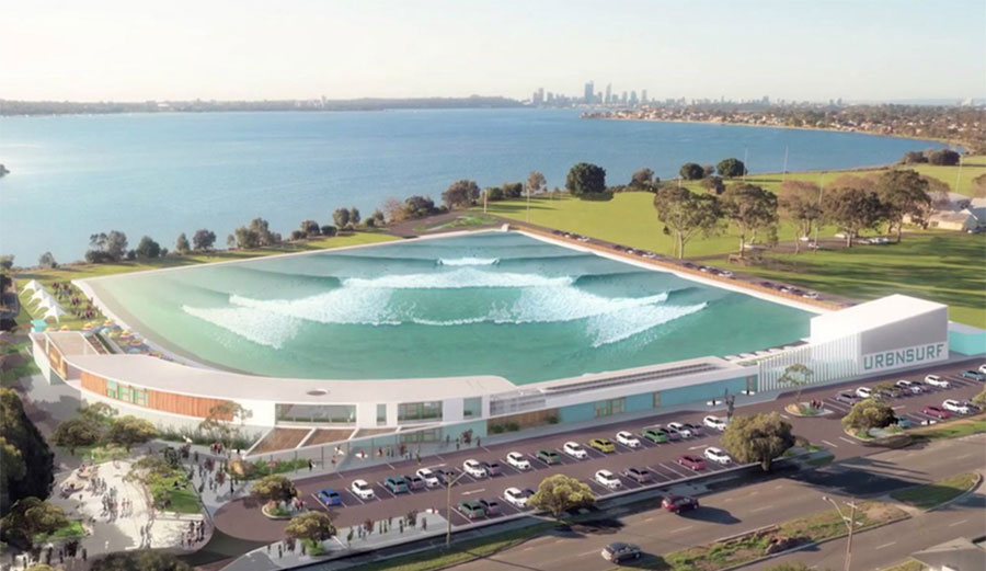 An artist's rendering of Perth's URBNSURF, using Wavegarden's newest technology. Image: URBNSURF