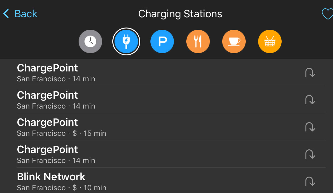 Here's the handy screen that will tell you where you're going to get the nearest charge in a pinch.