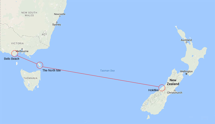 Bodhi's escape route went from Bells Beach to the Tasmanian Island of North Isle, then on to a small town in New Zealand.