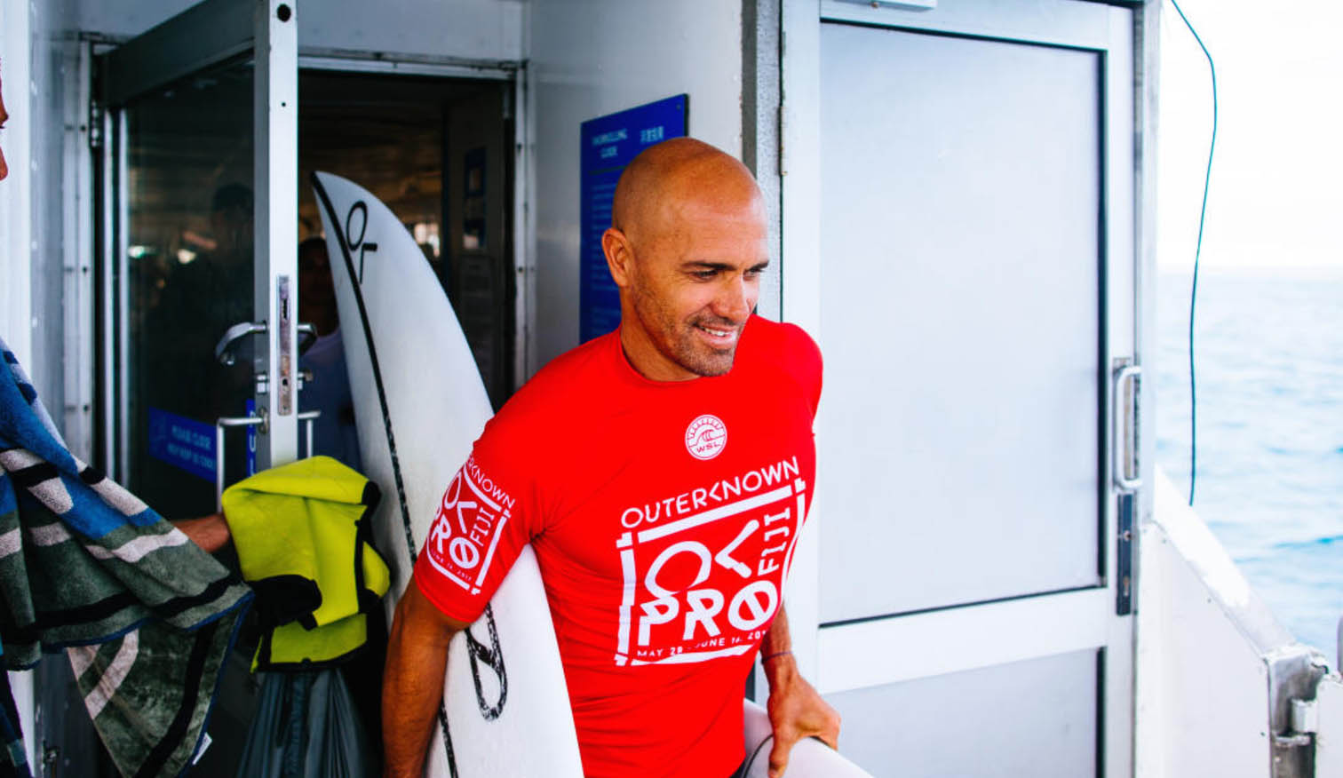Kelly Slater at the 2017 Outerknown Fiji Pro. Hey, who can blame the fella from supporting possibly the best event on tour? But it does feel a little "off." Photo: WSL/Ed Sloane